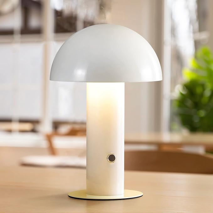 JONATHAN Y 10.75" White Rechargeable LED Mushroom Table Lamp, Cordless Portable Bedside Lamp for Living Room Bedroom, 3-Way Dimmable Modern Iron Desk Light, Metal Shade (JYL7115B)
