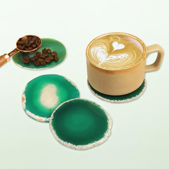 Natural Green Agate Coasters for Drinks Set of 4 | Natural Stone Drink Coasters, Decorative Table Coasters for Coffee Table, Bar or Desk, Housewarming Gift