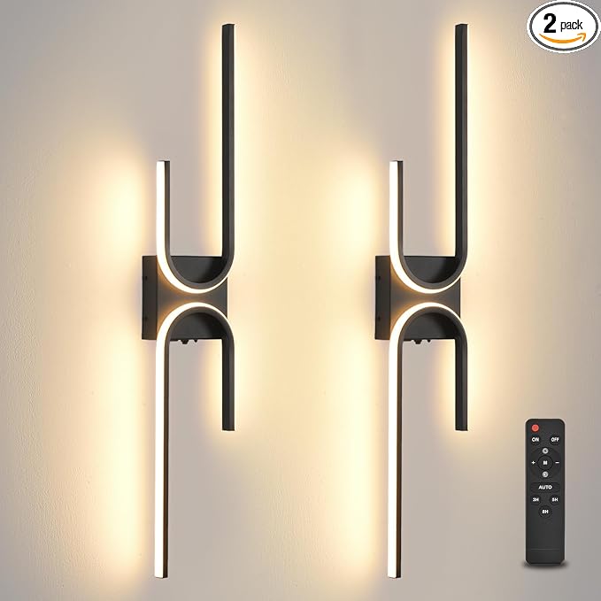 Battery Operated Wall Sconce with Remote Control, USB Rechargeable Wireless Wall Sconce Set of 2, LED Dimmable Wall lamp, 3 Color/Timer/Memory, Black Wall lights for Bedroom Living Room, 31.5 "