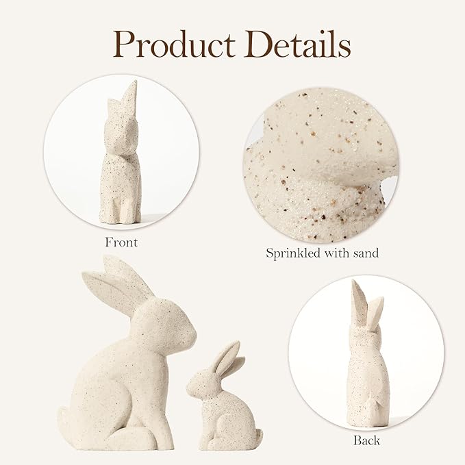 DN DECONATION Easter Decorations White Bunny Decor Rabbit Figurines, Wabi Sabi Easter Bunny Statue Set of 2 for Spring Tabletop Home Decor Farmhouse Shelf Mantel, Pressed Wood Sculpture