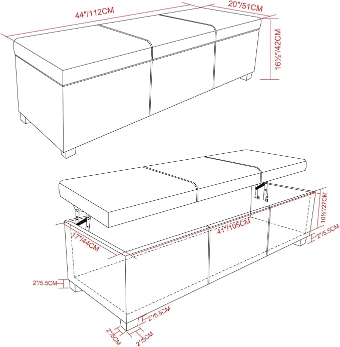 SIMPLIHOME Avalon Lift Top Rectangular Storage Ottoman - 44 inch Wide Upholstered Vegan Leather Lift-Top Ottoman in Tanners Brown, Contemporary Coffee Table Ottoman for Living Room with Hidden Storage
