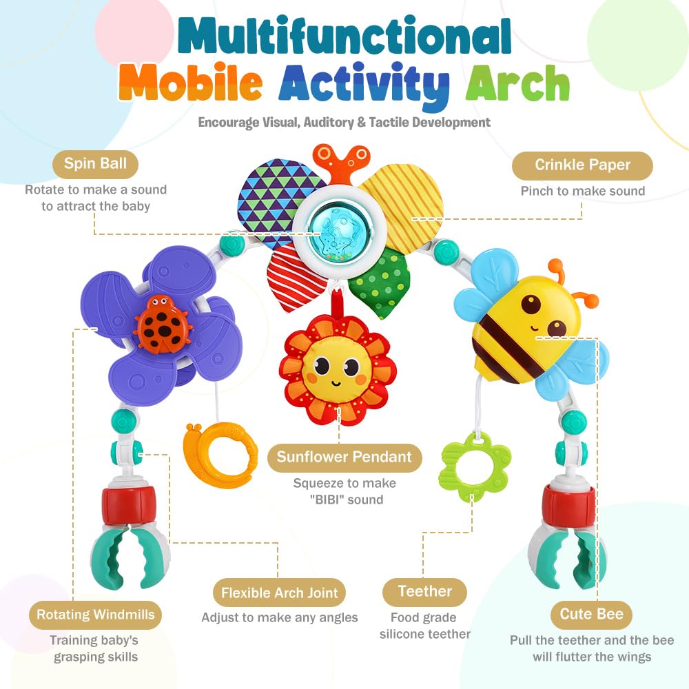 Baby Stroller Arch Toys,Adjustable Crib Mobile for Bassinet with Sensory Play Accessories and Hanging Toys,Baby Travel Car Seat Toys for Toddler Boy Girl 0 3 6 9 12 24 Months