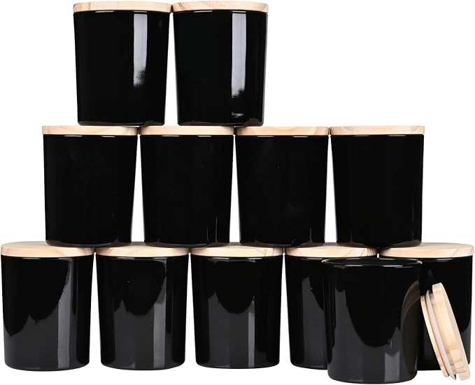 Thick Candle Jars for Making Candles 12 Pcs, 7 OZ Empty Jars with Wood Lids for Candle Making, Sample Container, Glossy Black