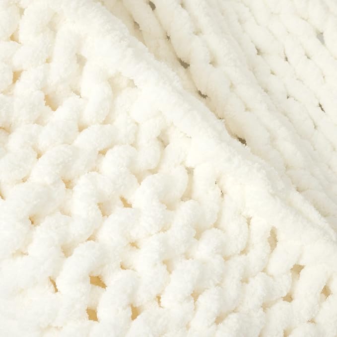Lush Decor Hygge Ultra Soft Cozy Chenille Chunky Knit Throw Blanket Single 40" W x 50" L Ivory - Cream Throw Blankets for Bed - Cozy Couch Blanket