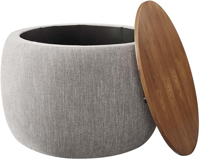 Modway Perla 26 Inch Round Storage Ottoman with Tray Lid in Heathered Weave Wheat -Heathered Fabric Ottoman - Versatile Footrest - Woven Coffee Table - Side Table - for Living Room