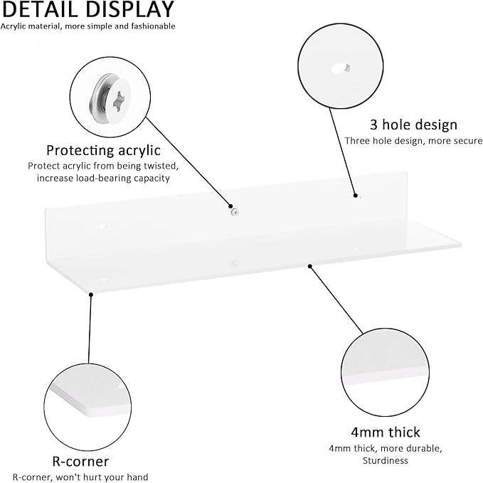 Sezanrpt 20 Inches Acrylic Wall Shelves 2 Pack, Floating Shelf for Wall Mounting, Acrylic Display Ledges for Funko Pop Figures, Home Décor, Living Room, Gaming Room, Plants(20 inch, White)