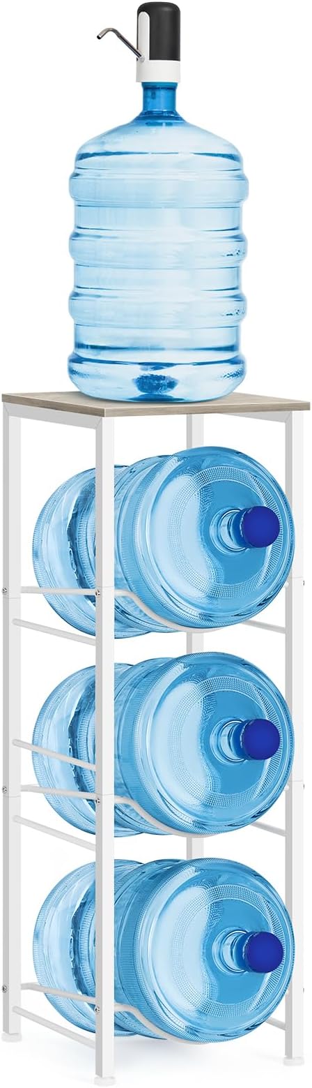 5 Gallon Water Bottle Holder Storage Rack, Water Cooler Jug Holder with Storage Shelves, 3-Tier Water Dispenser Stand for Kitchen Living Room Office, Rustic Grey