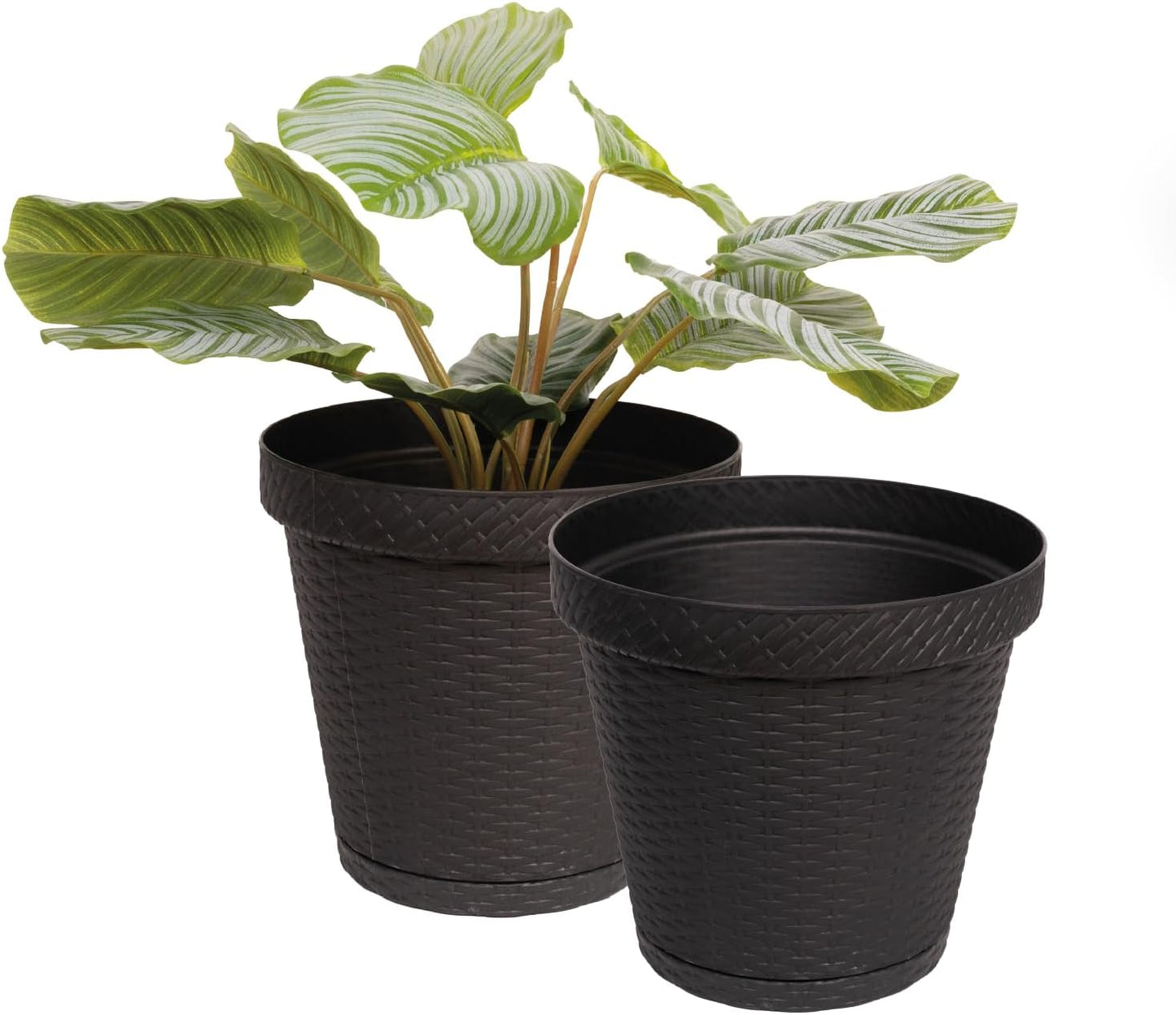 Elly Décor Set of 2 10 inch Round Saucer Modern Self Watering Planter Plates, Pots with Rattan-Like Finish, 10x10 Onix Gray