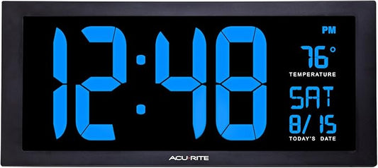 AcuRite 76100M Oversized LED Clock with Indoor Temperature, Date and Fold-Out Stand 18-Inch, Blue
