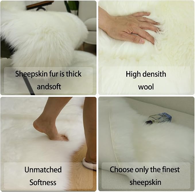 Sheepskin Rug, Fluffy Shag Area Rug, Super Soft 24” x 72“ Sheepskin Hair Rug, Pearl White Pile Rug, Decorative Throw Rugs for Bedrooms, Children's Rooms, Living Rooms (Pearly White, 24" x 72")
