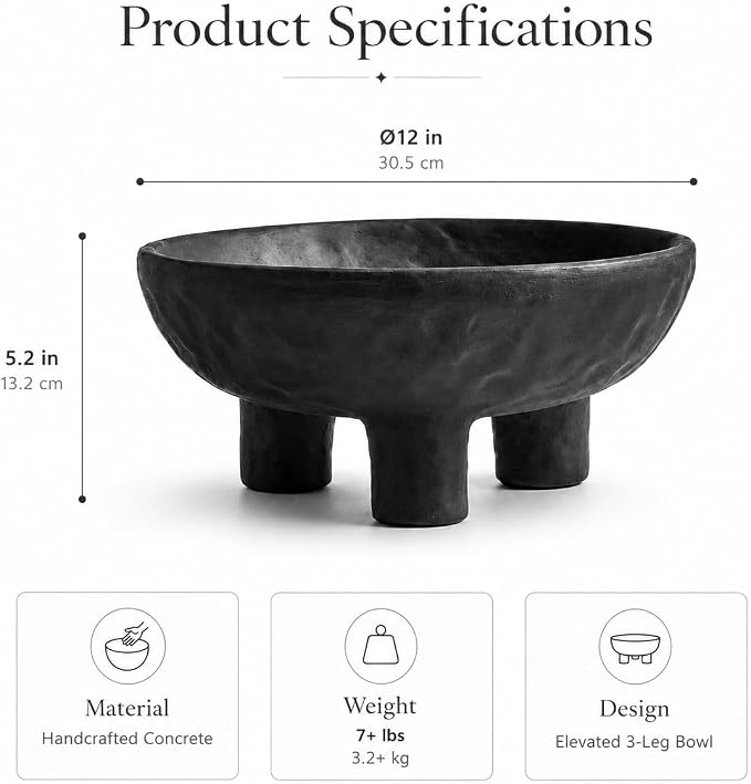 Black Concrete Decorative Bowl, 12 Inch Large Footed Bowl for Home Decor, Heavyweight Pedestal Bowl, Matte Black Centerpiece Bowl for Coffee Table, Shelf, Console, Entryway, Outdoor Styling