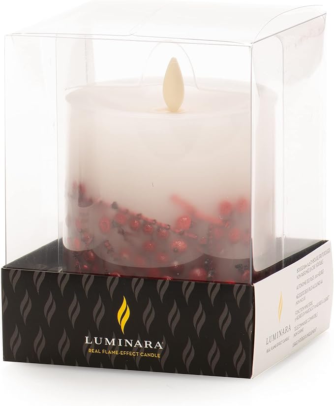 Luminara Embedded Flameless LED Candle - Red Berry 3.5" x 4.5" - Moving Flame Pillar Battery Operated Timer, Real Wax Unscented, Safe