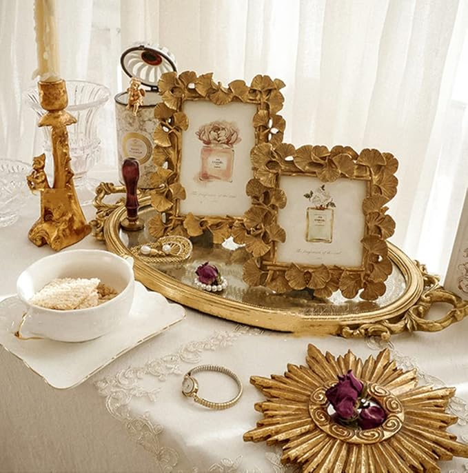 JOSON Vintage Photo Frame, Ginkgo Biloba Resin Gold Frame for Desktop Display and Wall Mount Home Decor (4 X4 Square)