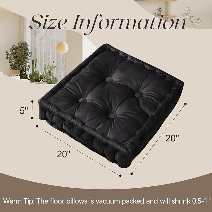 Square Floor Pillows, Large Floor Cushion for Adults Kids, Meditation Floor Pillow Seating Cushion with Shredded Memory Foam and Silk Wadding, 20"x20"x5" (Black, 2 Pack)