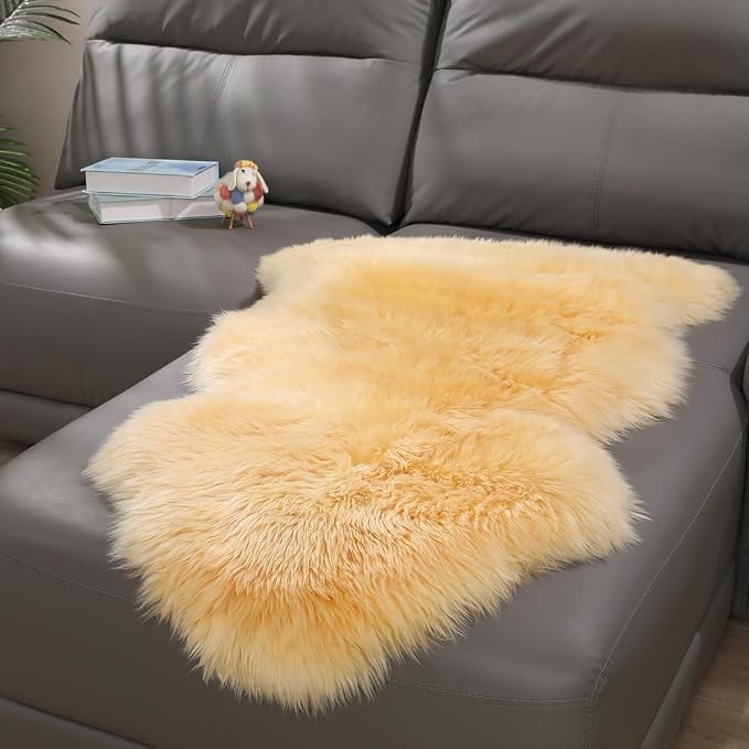 AOGELAN Premium Genuine Sheepskin Rug, Genuine Sheepskin Natural Fluffy Fuzzy Lambskin Fur Area Rug Seat Covers for Kids Bedroom Sofa Chair Cover Pets Dogs Mat Single Pelt/2' x 3' Golden Yellow