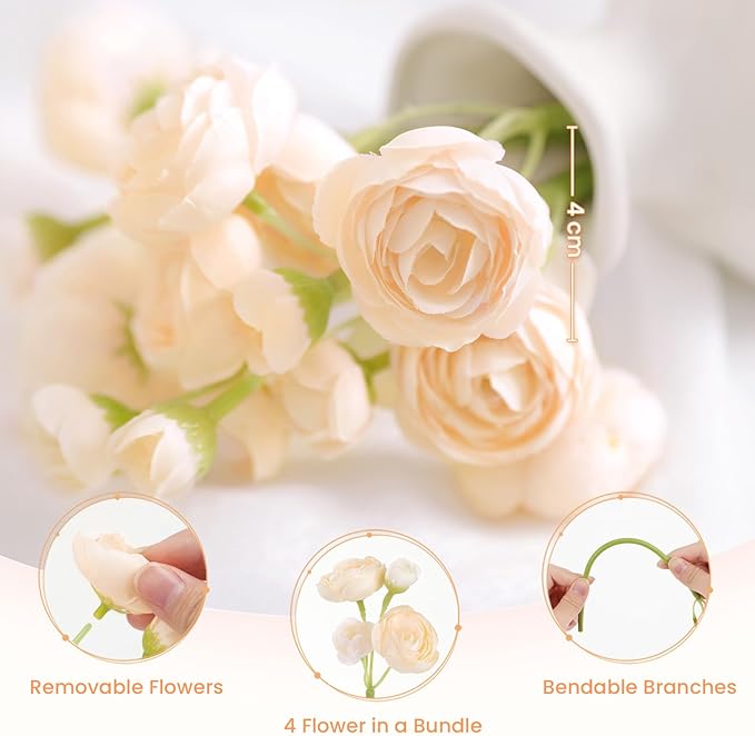 Alupssuc 42Pcs Ranunculus Artificial Flowers Faux Silk Mini Ranunculus, Spring Flowers Artificial Indoor for DIY Bouquets, Bulk Fake Wedding Filler Flowers for Bride Decorations & Arrangements, Cream