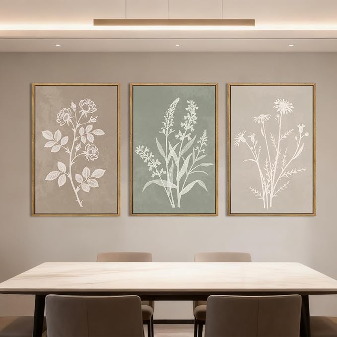 Anyzal Large Framed Boho Botanical Wall Art 16x24 Inch Neutral Plant Canvas Wall Decor Minimalist Floral Farmhouse Painting for Living Room Bedroom Dining Room Set of 3