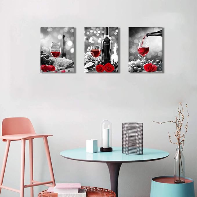 Wine Decor Kitchen Canvas Art Red Wine Rose Artwork for Home Walls Black and White With Red Wine Painting Printed Rose Art Dining Room Decor Red Kitchen Pictures Wall Decor Stretched 12x16inches x3pcs
