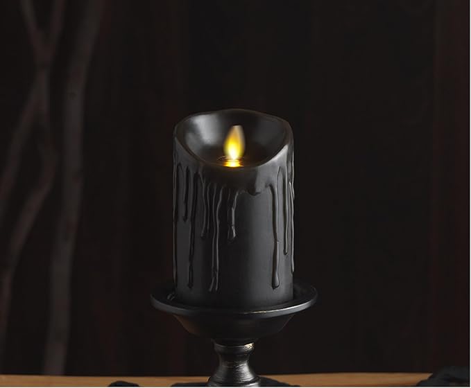 Luminara Wax Drip Flameless LED Candle, Black 3" x 4.5", Timer Function, Real Wax Pillar, Battery Operated Unscented Safe, Long-Lasting