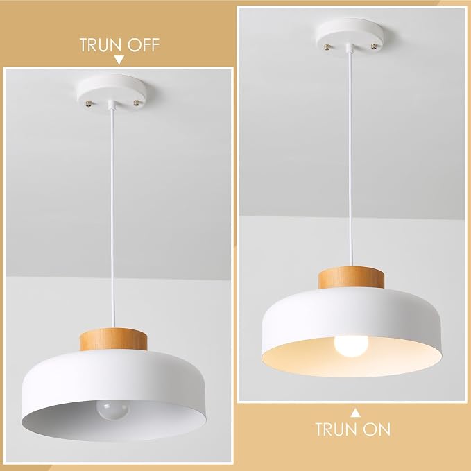Modern Pendant Light with Real Wood Cap - 12.6” White Hanging Light Fixture for Kitchen Island, Dining Room Table - Adjustable Height Ceiling Light with E26 Socket - Scandinavian Style