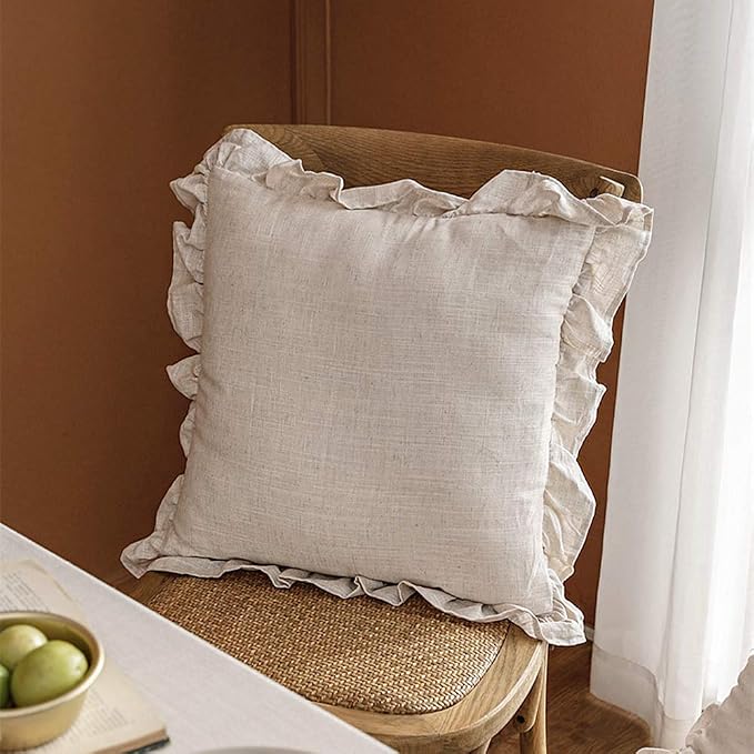 100% French Linen Throw Pillow Covers - Set of 2 - Washed Flax Decorative Ruffled Square Cushion Cover Solid Color Soft Breathable - Linen, 18'' x 18''
