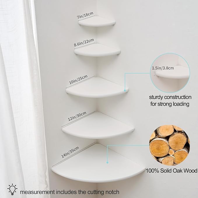 Corner Shelf, Solid Oak Wood Floating Corner Shelf Wall Mount Round End Floating Speaker Shelves with Wire Hole for Small Plant Photo Frame for Bedroom Kitchen, Living Room (White, 7.1in)