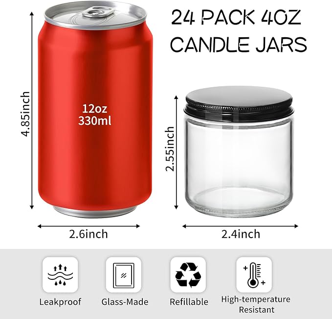 KEYWING 4 oz Clear Candle Jars with Lids, 24 PCS Glass Jars with Black Metal Lids, Round Candle Containers, Empty Jar for Candles Making, Powder, Liquid, Cream