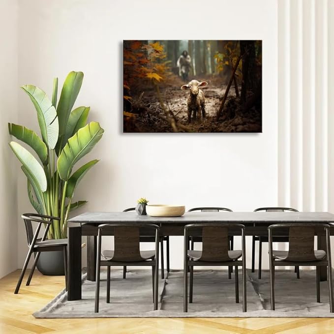 Ploceiny large artwork for wall Baptism wall art gifts for prayer room Jesus Running After Lost Lamb Picture for home decor canvas wall prints for for Living Room Bedroom decorations .(36"X24") A-399