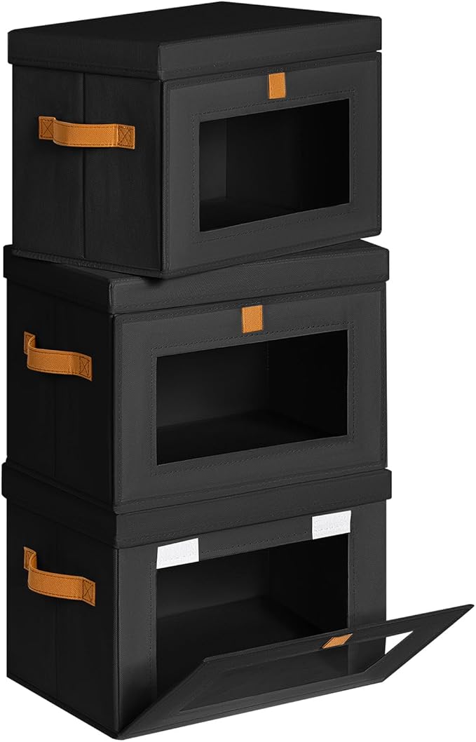 Homsorout Medium Fabric Storage Bins - Closet Shelf Organizer with Open Window, 3 Pack Closet Baskets for Shelves, Stackable Decorative Boxes for Home, Dorm, Black, 13.7" x 9.8” x 9.8"