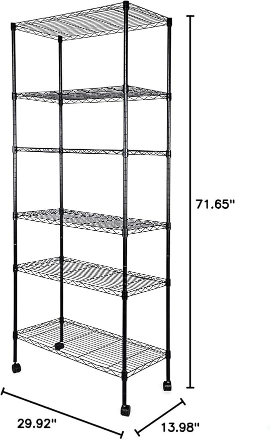Simple Deluxe Heavy Duty 6-Shelf Shelving, 29.92'' D x 13.98'' W x 71.65'' H Adjustable Wire Shelving with Hanging Hooks and Wheels, Black