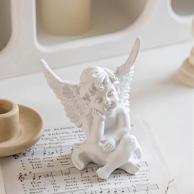 OwMell Set of 2 Cherubs Angels Resin Statue Figurine, Indoor Home Decoration, Adorable Angel Sculpture Memorial Statue 4" - White