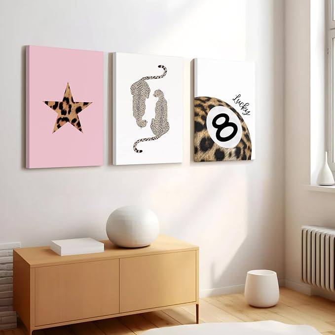 Leopard Wall Art Cheetah Canvas Prints Lucky 8 Ball Wall Decor Fashion Leopard Poster Aesthetic Pictures Trendy Cheetah Painting Preppy Artwork for Living Room Bedroom 12x16x3 Inch Ready to Hang