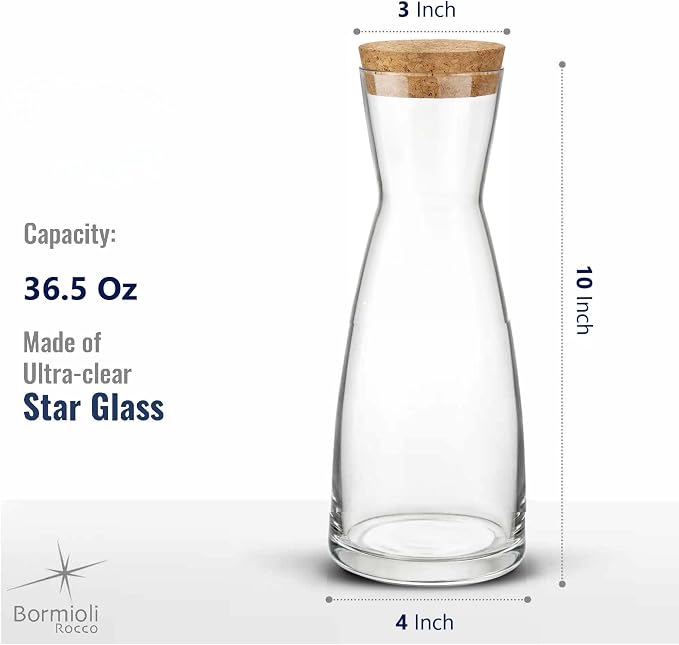 Bormioli Rocco Ypsilon Glass Carafe Set with Cork Tops - 36.25 oz Contemporary Juice Containers & Drink Dispensers for Wine, Water, Milk - Dishwasher Safe Glassware for Entertainment, Made in Italy