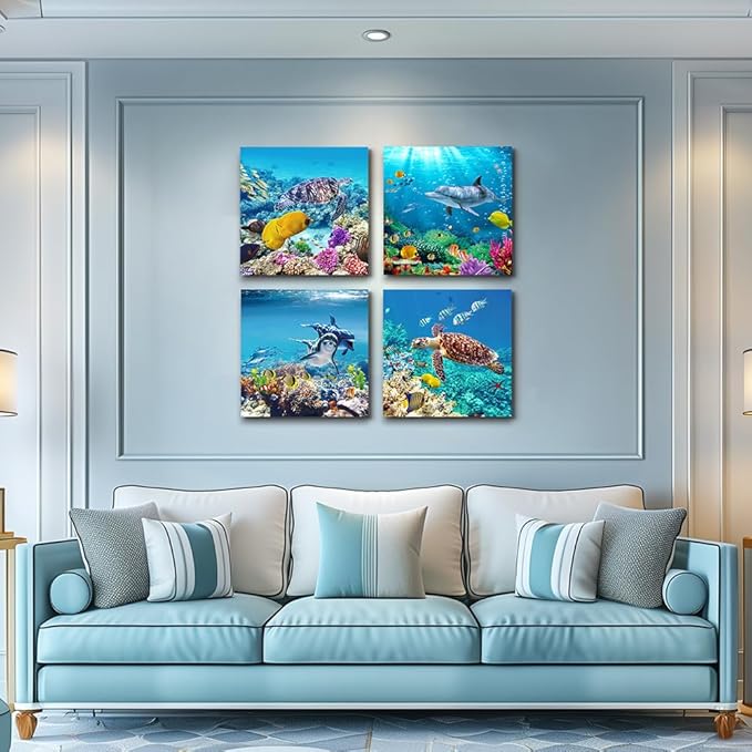 MHARTK66 Canvas Wall Art - Coral and Fish Modern Home Decor Stretched and Framed Ready to Hang Ocean Theme Sea fish and sea turtles Mediterranean Style Canvas Prints The bathroom wall decor- 4 Panels
