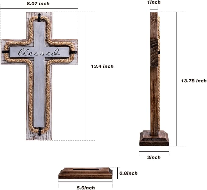 OKSQW Wall Wooden Cross with Wooden Base Christians Crosses Spiritual Religious Cross Christmas Wall Hanging Handmade Wood Hemp Rope & Blessed Design for Church Home Room Décor Wood Crucifix Gift