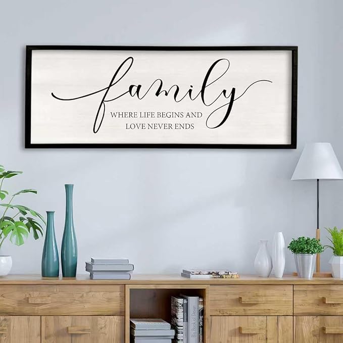Surfapans Family Where Life Begins Love Never Ends Wall Decor 40"x15" Living Room Hallway Entryway Vintage Large Farmhouse Inspirational Quotes Motto Sign Wood Framed Hanging Home Wall Art (Black)