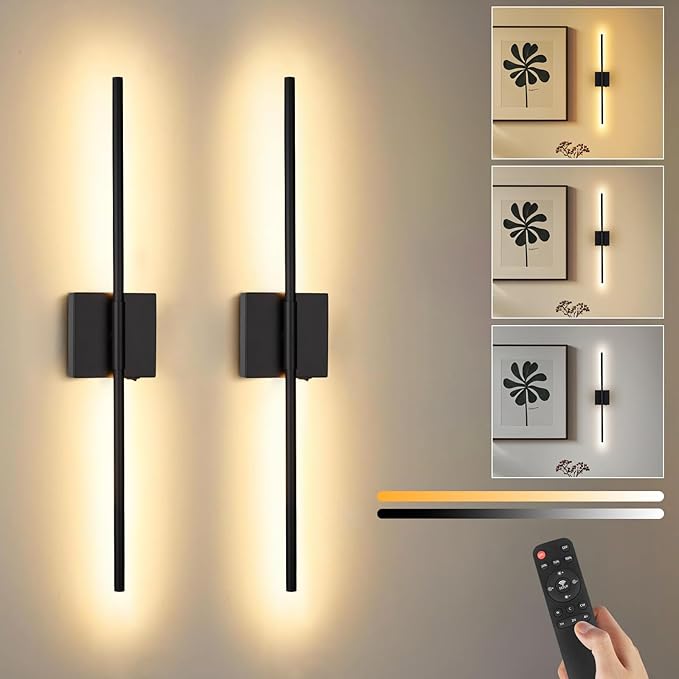 Battery Operated Wall Sconce Set of Two, Black, 28.3 inch | Remote Control, Rechargeable & Dimmable, Wireless, Peel and Stick Install, Timer Function