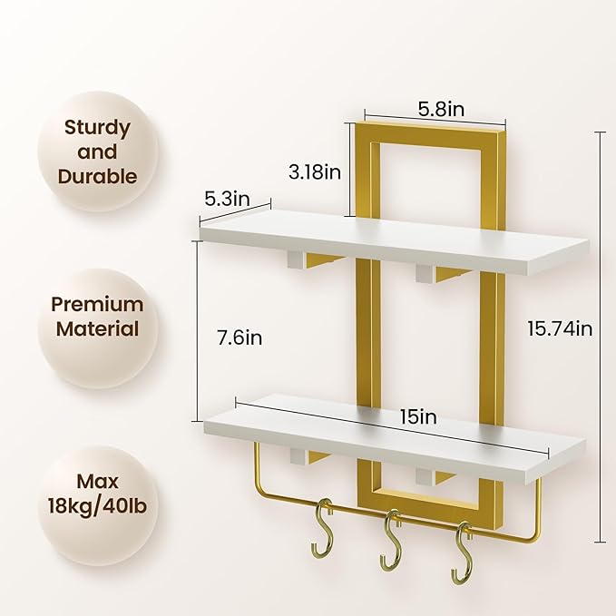 Creso hom Floating Shelves, 15" Wall Shelf Set of 2, Hanging Bathroom Shelves 2-Tier, Wall Mounted Storage Shelves, for Living Room Bedroom Bathroom Kitchen Office Coffee Bar, White and Gold