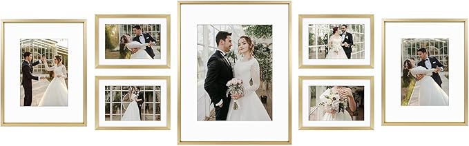 Golden State Art, Picture Frame Set 7 Pack, Gallery Wall Frame with One 11x14, Two 8x10, and Four 5x7. Aluminum Photos Frame for Wall or Tabletop Display (Style 1, Gold, 7 Pack)
