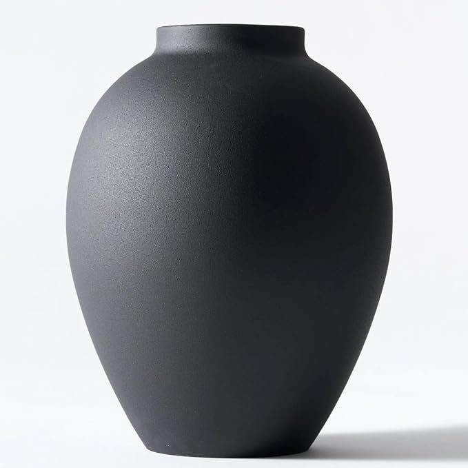 Black Vase for Home Decor - Tall Ella Flower Vase for Centerpieces, Table & Mantel Decorations - Large Round Iron Vase 9 Inch - Matte Black Vases for Flowers & Pampas Grass