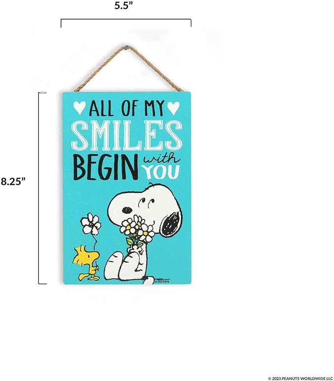Peanuts Snoopy All My Smiles Begin With You Hanging Wood Wall Decor - Cute Snoopy Sign - Great Gift Idea
