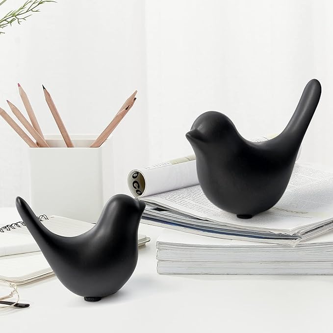 2 Pcs Ceramic Small Bird Figurines Modern Animal Statues for Home 、Room Decor and Bedroom Decor and Bookshelf Display (Black)