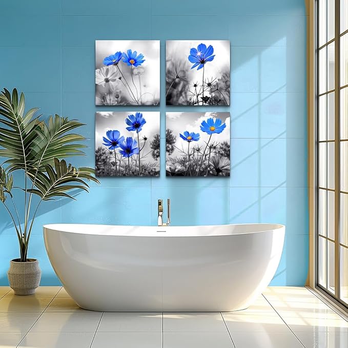 Wall Art For bedroom Black and White cyan blue flower Canvas Wall Decor for Home Decor artwork painting 12" x 12" 4 Pieces Canvas Print For Living Room Decor Modern Salon kitchen Still Life Painting