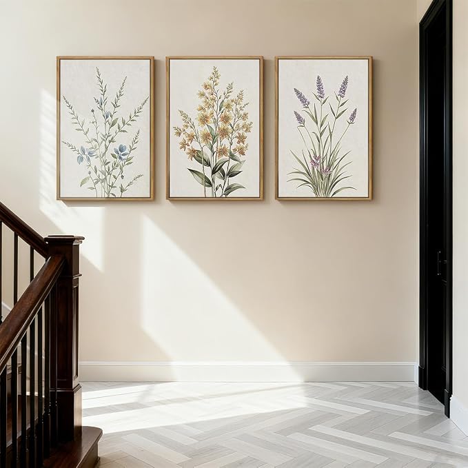 Anyzal Botanical Floral Framed Wall Art Large 16x24 Inch Modern Neutral Wildflower Canvas Art Prints Beige Cream Flower Wall Decor for Living Room Bedroom Dining Room Set of 3
