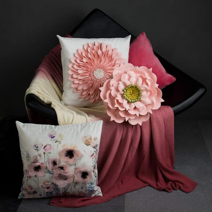OiseauVoler 3D Sunflower Handmade Throw Pillow Covers Decorative Pink Pillowcases for Couch Girls Bed Living Room Home Decor 18x18 Inches