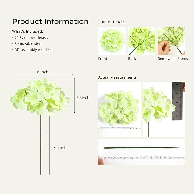 Auihiay 64 PCS Full Hydrangea Flowers, Silk Hydrangea Artificial Flowers Heads with Stems, Artificial Flowers for Wedding, Garden, Baby Shower, Party, Outdoor Indoor Decoration (Light Green)
