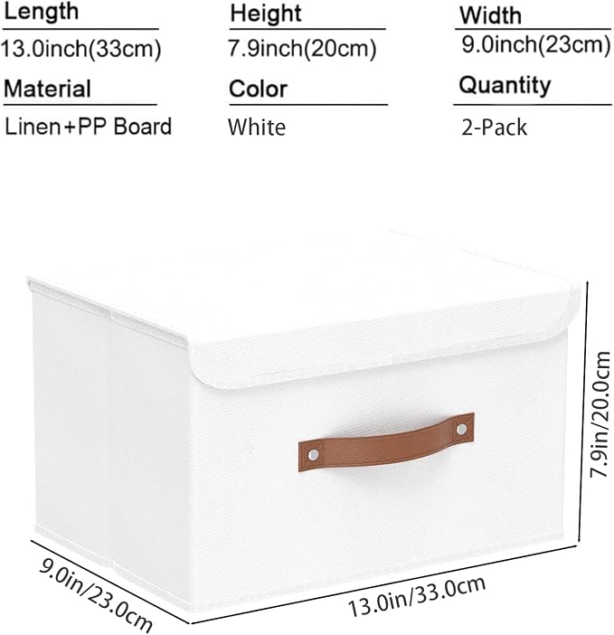 Yawinhe Storage Boxes with Lids 2 Pack, Collapsible Storage Bin with Handle, for Organizing Clothes, 33x23x20cm, White, SNK018WLS-2