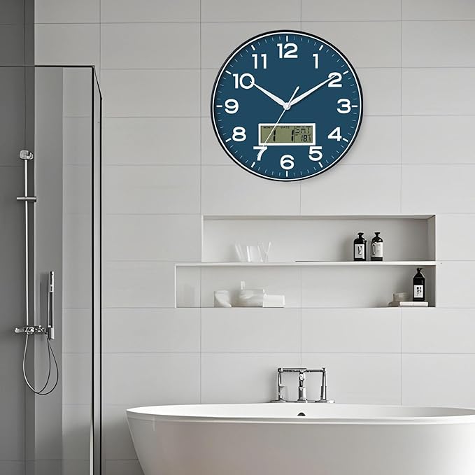 AKCISOT Wall Clock 12 Inch, Non-Ticking Silent Battery Operated Analog with LCD Display for Perpetual Calendar and Temperature, Ideal Modern Decor for Home, Bedroom, Kitchen, Office (Blue)