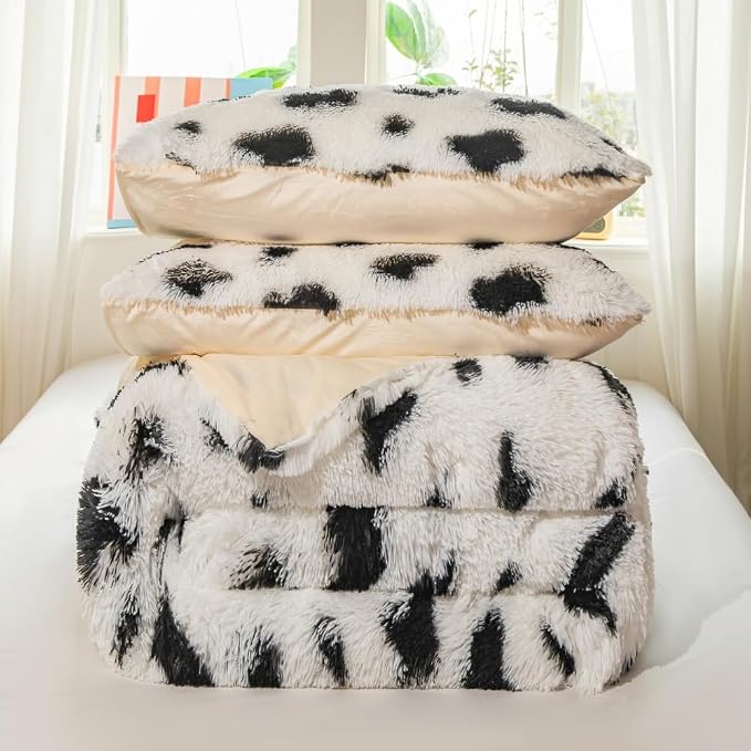 chovy Faux Fur Plush Tie-Dyed Cow Print Comforter Sets Twin/Full Size - Ultra Soft Shaggy Flannel Velvet Fluffy Fuzzy 3PC Bedding Set （Comforter x 1 Pillowcases x 2）