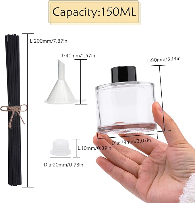 4PCS Fragrance Glass Diffuser Bottles, Refillable Diffuser Bottles with 20pcs Reeds Sticks & Black Caps & Funnel, Diffuser Jars for Home Oil Fragrance Decoration Girl Women Gift (150ML)
